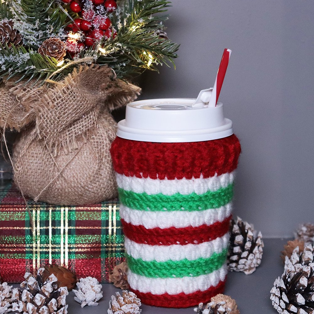 Crocheted coffee cup cozies, hooked on clusters cup cozies.