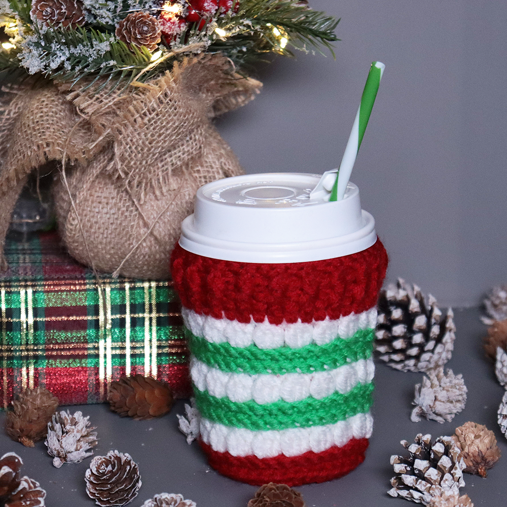 Crocheted coffee cup cozies, hooked on clusters cup cozies.
